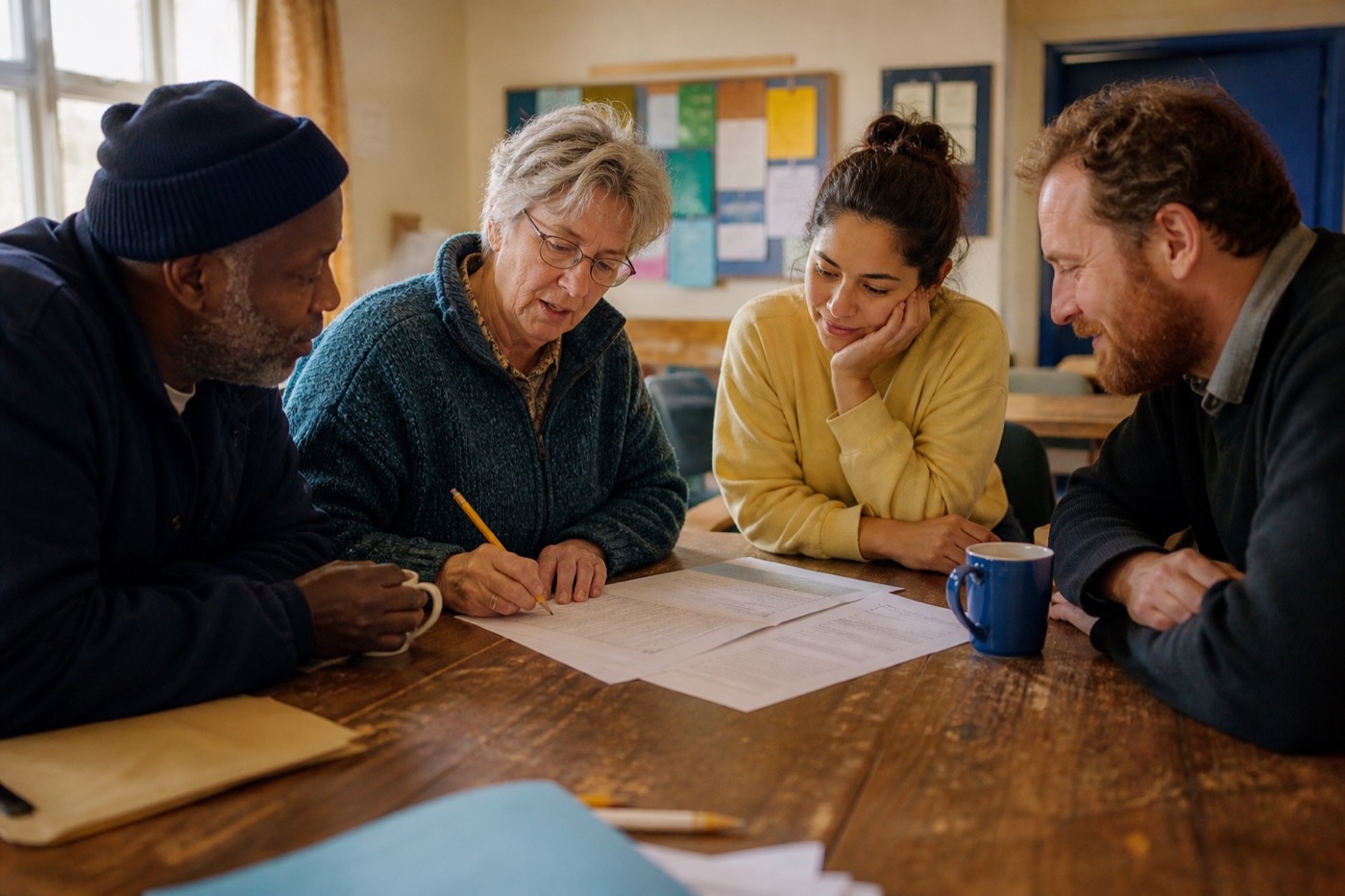 Four people sitting round a table and working on a paper form together.